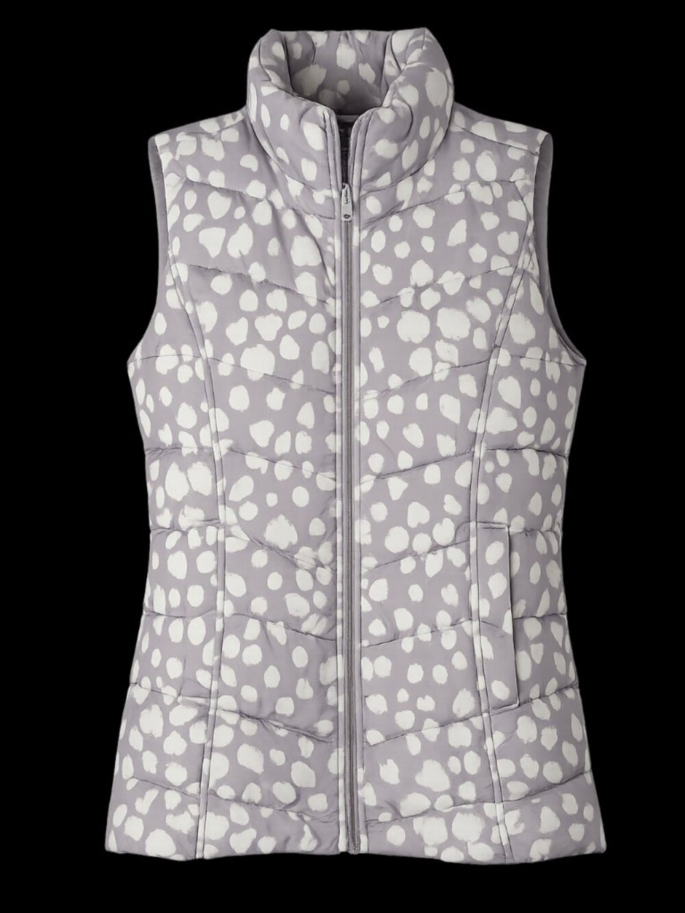 Lands' End Down Puffer Vest XS Gray White Animal Print Packable Quilted Zip UP